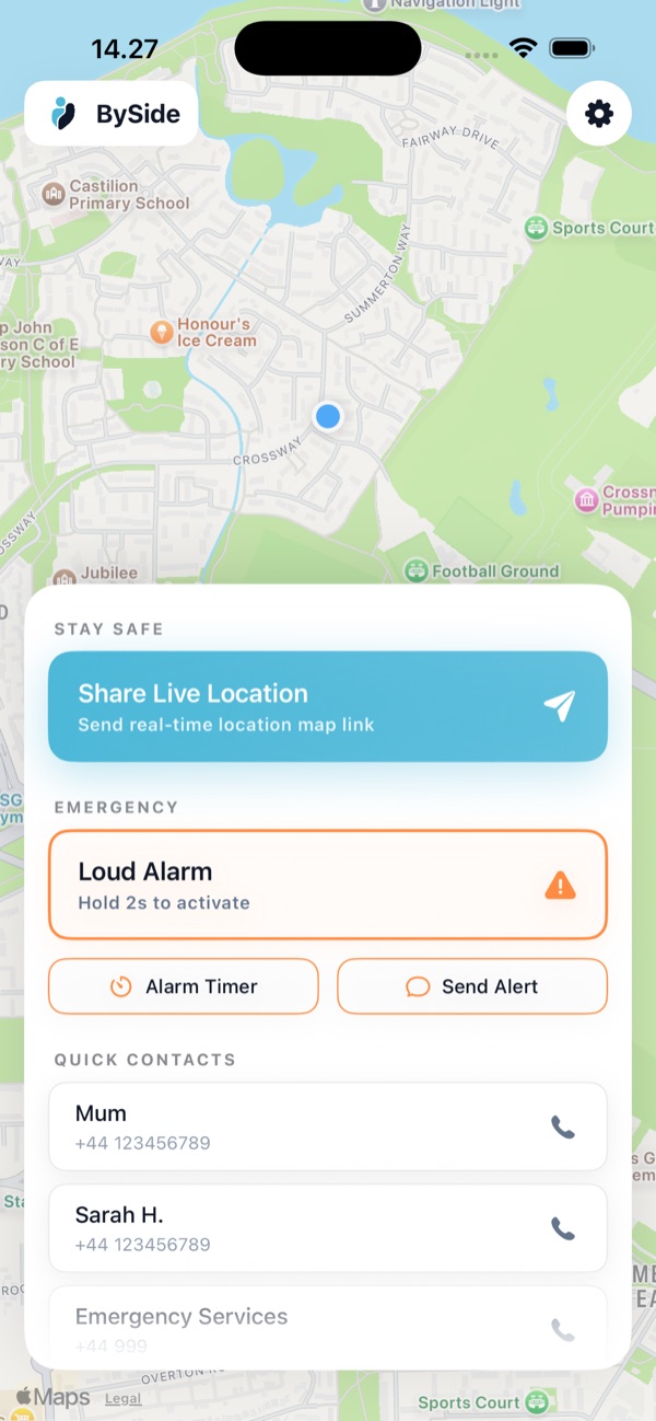 BySide home screen with a map, live location sharing, loud alarm and quick contacts